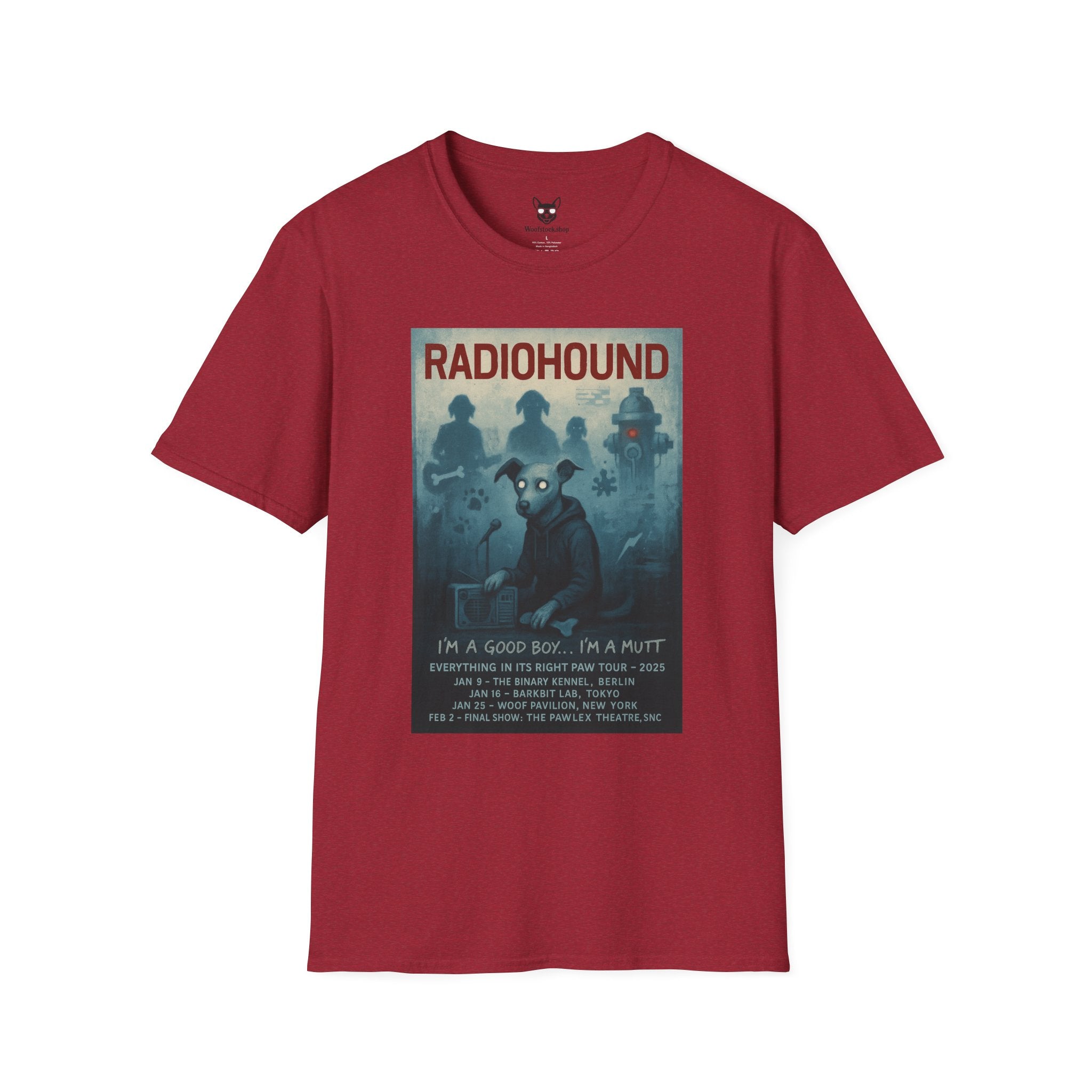 Radiohead Concert Poster Dog Parody Unisex Softstyle T-Shirt -- Funny Rock Tee for Music and Dog Lovers